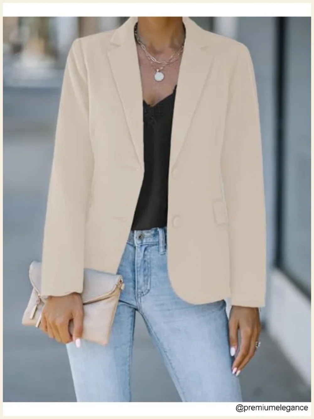 Women's Business Casual Blazer Suit Jacket Long Sleeve Padded Shoulders Notched